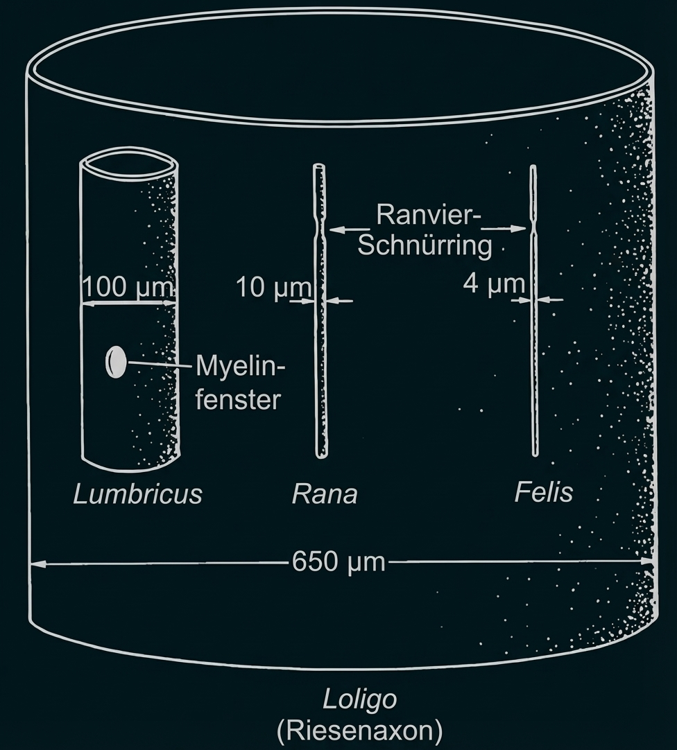 Diagramm verschiedener Axondurchmesser (Lumbricus, Rana, Felis, Loligo) mit Maßangaben und Ranvier-Schnürring